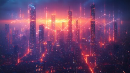Fototapeta premium A modern city skyline glowing with vibrant neon lights as interconnected high-rises are linked by digital communication lines symbolizing cloud networks and wireless connectivity.