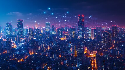 Fototapeta premium A modern city skyline glowing with vibrant neon lights as interconnected high-rises are linked by digital communication lines symbolizing cloud networks and wireless connectivity.