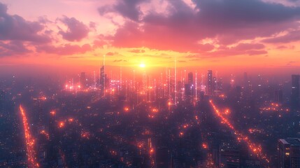 A modern cityscape glowing with digital energy as the sun sets, with illuminated data streams connecting wireless towers and smart homes. The sunset creates a vibrant sky of pink, orange, and purple,