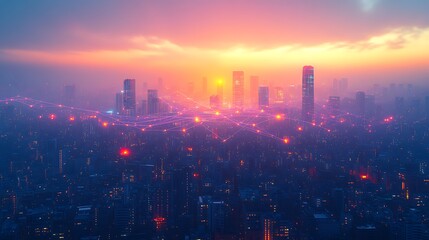 Fototapeta premium A modern cityscape illuminated by visible data streams flowing between homes, mobile devices, and office buildings.