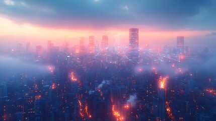 Obraz premium A modern cityscape illuminated by visible data streams flowing between homes, mobile devices, and office buildings.