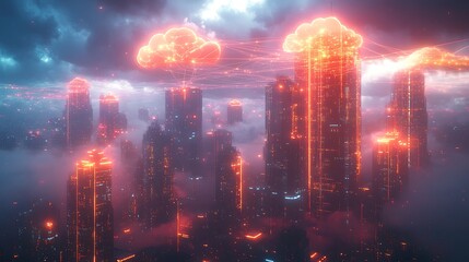 Fototapeta premium A skyline dominated by tall, sleek high-rises connected by glowing communication lines representing cloud networks and wireless connectivity. The city is illuminated by vibrant neon lights,