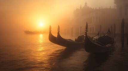 Gondolas in a Misty Venice Sunrise