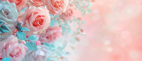 Delicate Roses on Pastel, a soft watercolor artwork featuring blooming roses in shades of pink and blue, set against a gentle pastel backdrop, evoking tranquility and beauty.