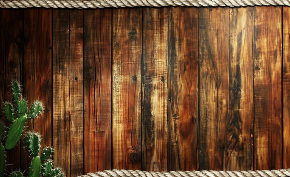A Wild West theme background with rustic wood planks, a rope and a cactus. Vintage spaghetti western slide backdrop with a cowboy theme