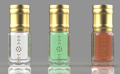 A traditional perfume bottle used for storing essential oils like oud or musk is typically small and ornate. These bottles, often referred to as "qumqum" or "mashiyeh", are cylindrical or spherical in