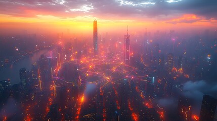Fototapeta premium A sprawling cityscape with glowing data cables and wireless signals connecting smart buildings and transportation networks. The city lights up with vibrant neon pathways,
