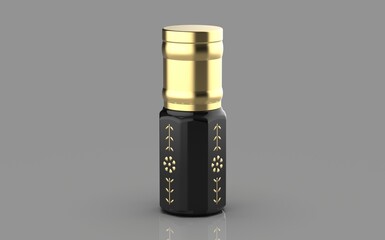 A traditional perfume bottle used for storing essential oils like oud or musk is typically small and ornate. These bottles, often referred to as "qumqum" or "mashiyeh", are cylindrical or spherical in