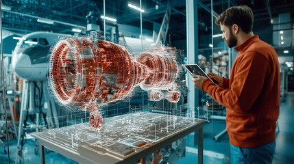 A futuristic vision for hologram technology in design. An engineer uses augmented reality technology to display a 3D holographic image of a jet engine, displaying complex structure and details. 