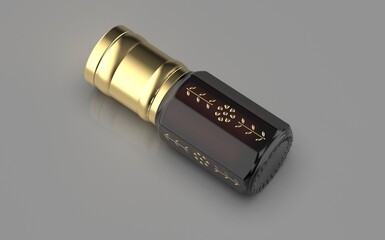 A traditional perfume bottle used for storing essential oils like oud or musk is typically small and ornate. These bottles, often referred to as "qumqum" or "mashiyeh", are cylindrical or spherical in