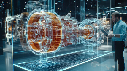 A futuristic vision for hologram technology in design. An engineer uses augmented reality technology to display a 3D holographic image of complex design, displaying intricate structure and details. 