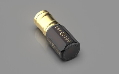 A traditional perfume bottle used for storing essential oils like oud or musk is typically small and ornate. These bottles, often referred to as "qumqum" or "mashiyeh", are cylindrical or spherical in