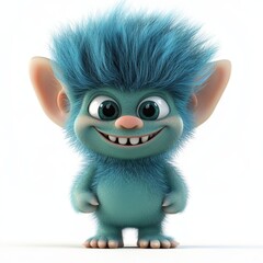 Obraz premium A cute, cartoonish blue hair troll with fluffy hair and large ears.