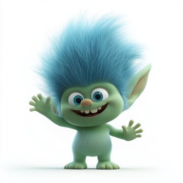 A cheerful troll with blue hair and green skin, waving happily.