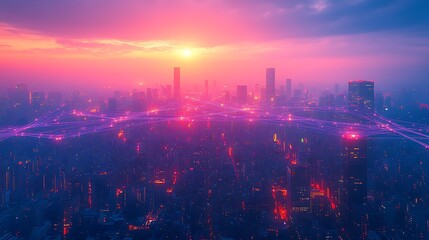 Fototapeta premium A sprawling global city network with glowing fiber optic cables linking tall skyscrapers, advanced transportation systems, and far-reaching global regions.