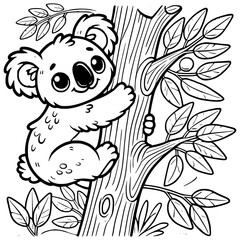 Adorable Cartoon Koala Climbing a Tree with Eucalyptus Leaves – Friendly Animal Simple Bold Line Art Coloring Page