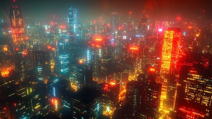 Fototapeta premium A tech-driven metropolis at night, pulsing with glowing lines of data and electricity connecting every building. The city is alive with the flow of communication networks,