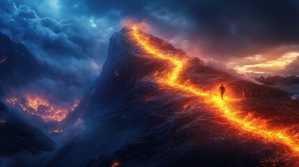 Fototapeta premium A lone figure walks up a fiery path on a mountain peak, with dramatic clouds and stormy skies above.