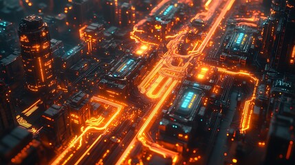 Obraz premium A top-down view of a smart city powered by AI, with glowing neon circuits connecting every structure and transportation system. The digital network pulses with vibrant energy,