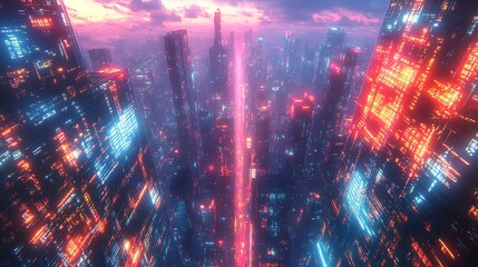 Naklejka premium A top-down view of a tech-driven metropolis at dusk, where communication hubs pulse with neon light as data flows through the urban network. The city glows with vibrant colors,