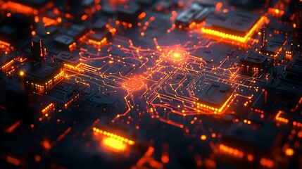 A top-down view of an AI-powered city glowing with intricate data circuits connecting smart infrastructure and streets. The vibrant network of digital energy flows seamlessly across the city,