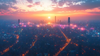 A vibrant aerial view of a high-tech city glowing under the night sky, where communication lines and data streams are visible connecting skyscrapers and roads. The city pulses with neon colors,