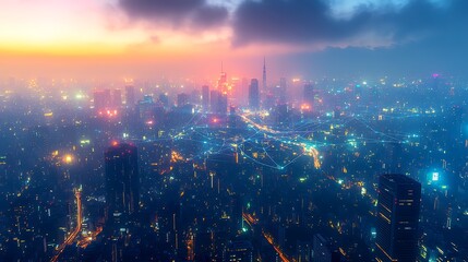 Fototapeta premium A vibrant aerial view of a high-tech city glowing under the night sky, where communication lines and data streams are visible connecting skyscrapers and roads. The city pulses with neon colors,