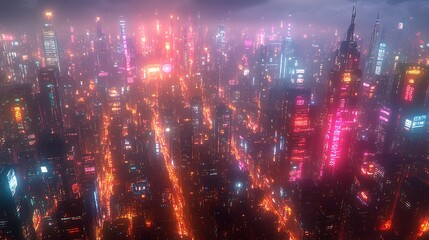 Fototapeta premium Aerial view of a cyberpunk city glowing with neon lights, data streams forming bright pathways between sleek skyscrapers and smart infrastructure.
