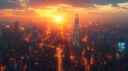 Fototapeta premium Aerial view of a futuristic metropolis at twilight, with illuminated data lines connecting towering glass buildings and sleek roads. The smart city pulses with energy,