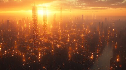 Aerial view of a futuristic smart city at sunrise, where golden light illuminates the glowing network lines connecting every building and transportation route.