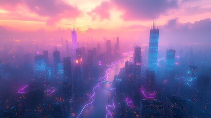 Obraz premium Bird’s-eye view of a cyberpunk city at dusk, with interconnected neon pathways glowing between high-rise buildings, symbolizing data flow. The metropolis radiates with vibrant neon blues and purples,