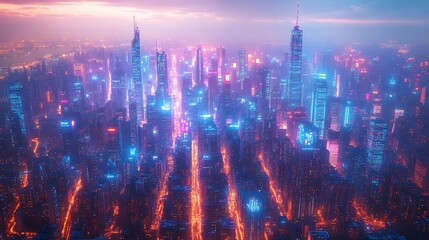 Obraz premium Bird’s-eye view of a cyberpunk city at dusk, with interconnected neon pathways glowing between high-rise buildings, symbolizing data flow. The metropolis radiates with vibrant neon blues and purples,