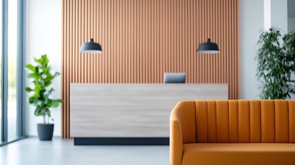 Modern reception area featuring orange sofa, wooden wall, and stylish lighting, ideal for office or interior design inspiration.