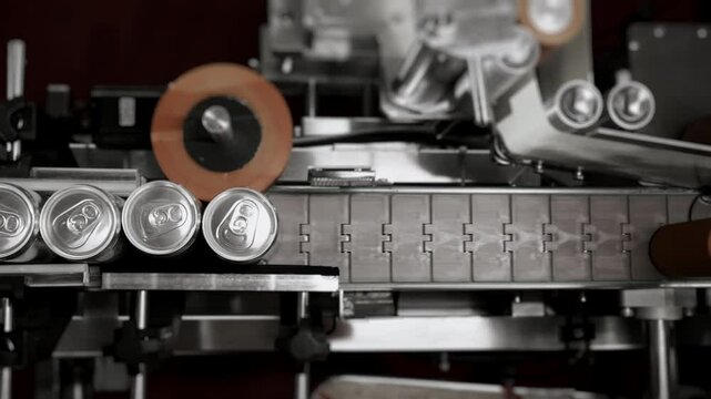 Filled aluminum cans moving along conveyor belt on beverage packaging line.