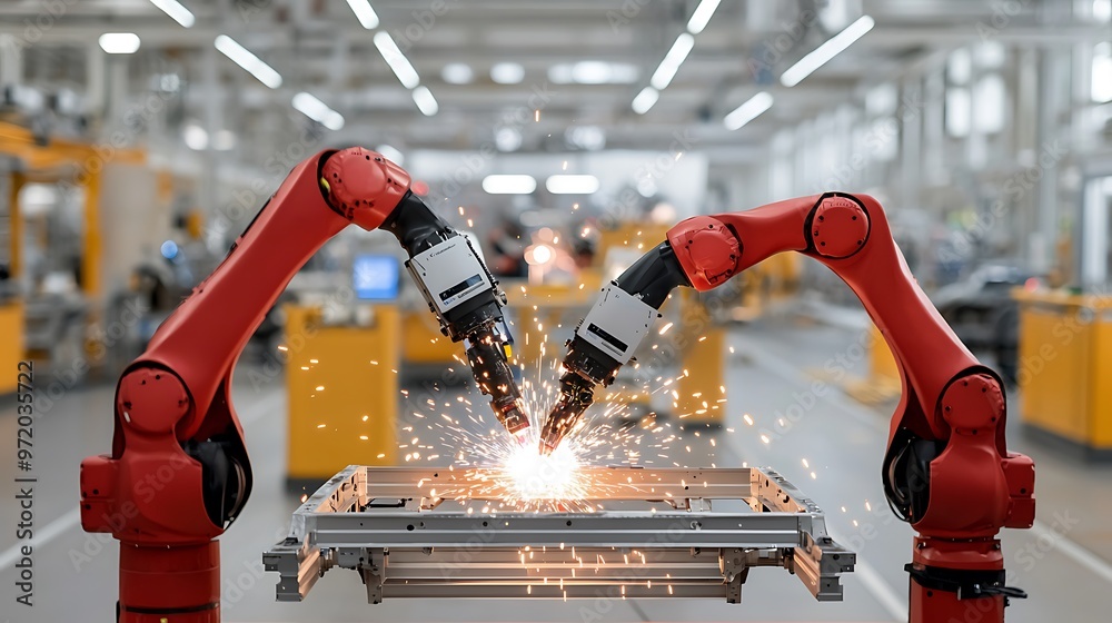 Wall mural a professional shot of automated robots welding a car frame on an assembly line, with sparks flying.