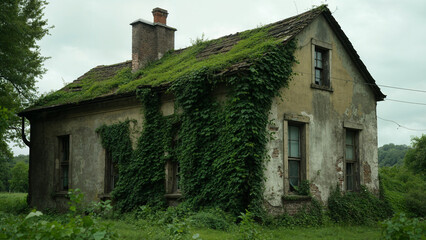 Old, dilapidated building with a sloping roof covered in green ivy. The building appears to be in a state of disrepair, with peeling paint and crumbling walls.