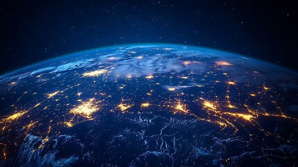 Obraz premium Earth from space, with illuminated data streams connecting major cities across continents, forming a glowing digital web of global connectivity.