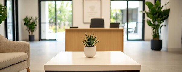Fototapeta premium A modern office interior featuring a sleek reception area with a potted plant and minimalistic design for a welcoming atmosphere.