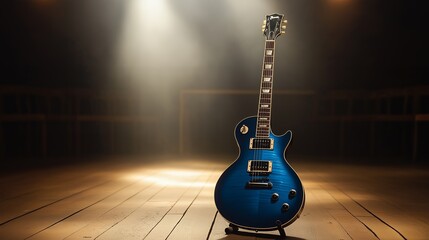 Electric guitar on wooden floor with spotlight.