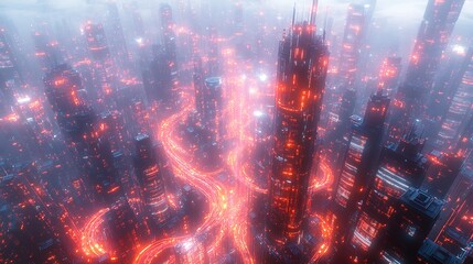 Fototapeta premium Top-down view of a futuristic neon city with glowing pathways connecting smart infrastructure and tall glass skyscrapers. The vibrant data streams pulse through the city, creating a network of light,
