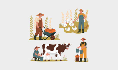 Fototapeta premium Farmers working with pumpkins, chickens, and a cow in the field.