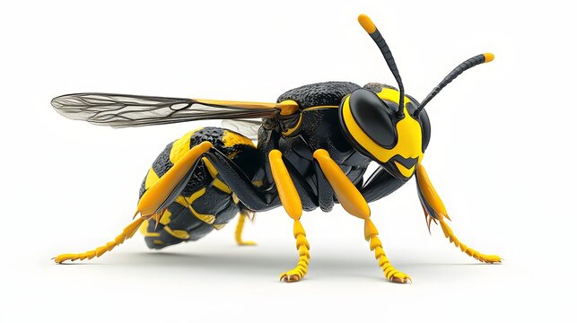 59. A realistic 3D render of a black and yellow hornet with intricate patterns, isolated on a pristine white background