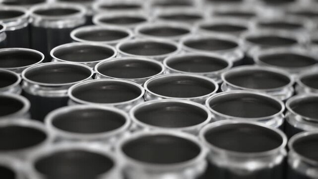 Empty aluminum cans moving along conveyor belt on beverage canning line.