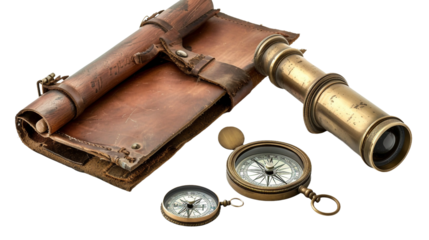 Astronomer's Arsenal: Brass Telescope and Leather-Bound Journal Essentials on white background