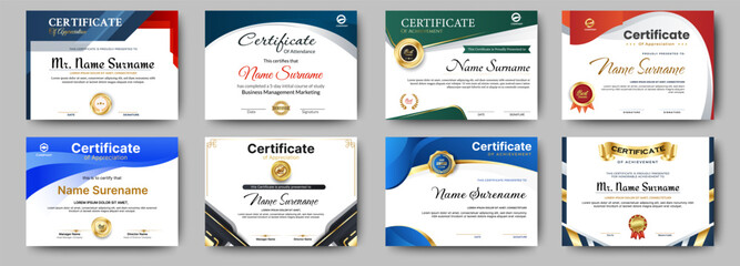 Certificates of achievement template with luxury badge. Eight choice of certificates For award, business, and education needs. Diploma vector template