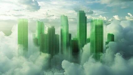 Fototapeta premium Futuristic Green Skyscrapers Emerging from Clouds in a Dreamlike Urban Landscape