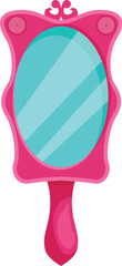 Pink princess hand mirror reflecting light blue background, great for beauty, fashion, and girly concepts