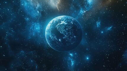 Fototapeta premium A blue planet in a vast starry space with nebulae.