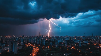 Dramatic Lightning Strike Over a Stormy Urban Cityscape
