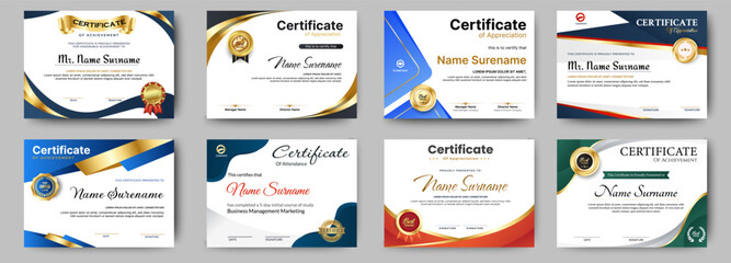 Fototapeta premium Certificates of completion template with luxury badge and modern line and shapes. Horizontal certificate For award, business, and education needs. Diploma vector template 